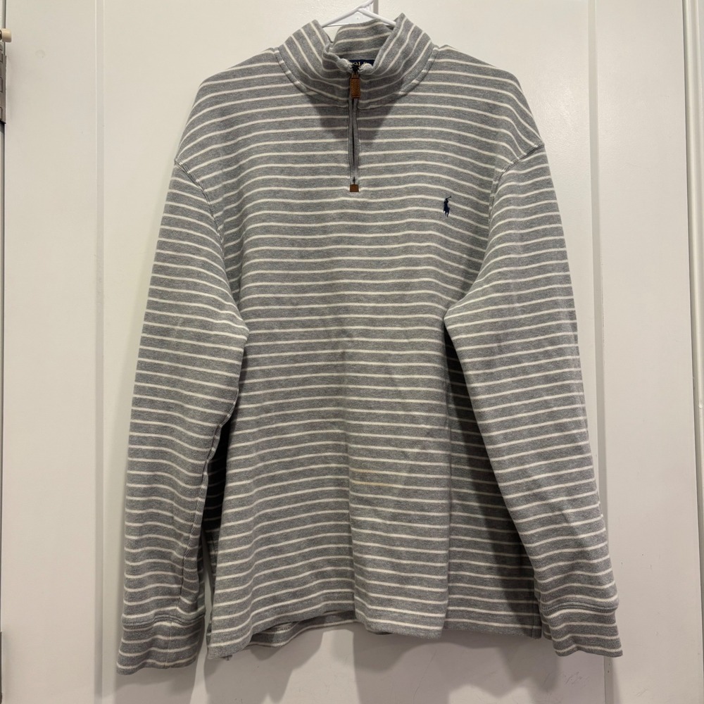 Polo Ralph Lauren Mens XXL Grey White Striped Quarter Zip Pullover Sweater